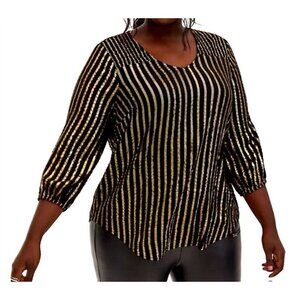 Torrid Top Womens Plus 1X Black Gold Stripe Smocked V Neck Popover Artsy Blouse